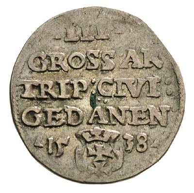 trojak 1538, Gdańsk, na awersie końcówka napisu PRVSS, Iger G.38.1.g