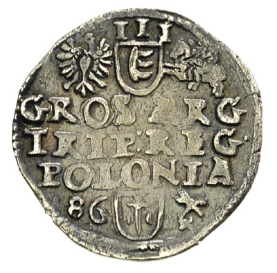 trojak 1586, Poznań, data z lewej strony, Iger P.86.2.f, ciemna patyna