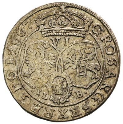 szóstak 1667, Bydgoszcz, litery TL - B pod tarczami herbowymi, moneta z 39. aukcji WCN, ładnie zachowana