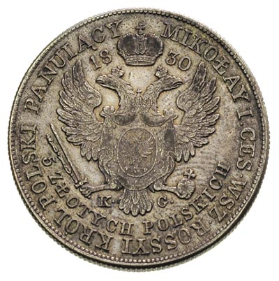 5 złotych 1830, Warszawa, litery KG, Plage 39, Bitkin 987, ciemna patyna