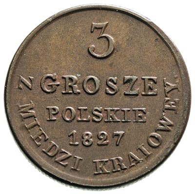 3 grosze z miedzi krajowej 1827, Warszawa, Plage 165, Iger KK.27.1.a, bardzo ładne, patyna