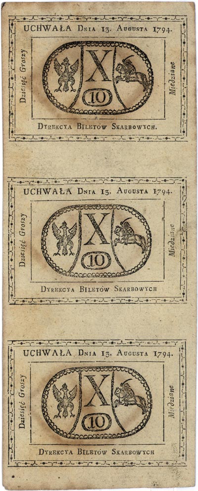 3 x 10 groszy (1 złoty), 13.08.1794, Miłczak A9, Lucow 40b (R6), trzy banknoty nierozcięte, rzadkie i bardzo ładnie zachowane