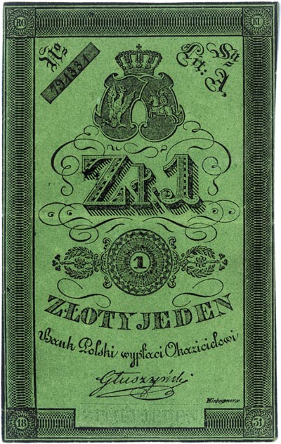1 złoty 1831, podpis: Głuszyński, Miłczak A22, Lucow 133 (R4), bardzo wyraźna sucha pieczęć, pięknie zachowane jak na ten typ banknotu, rzadkie