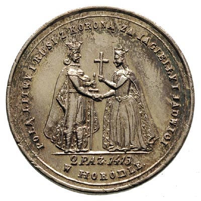 medal patriotyczno-religijny wybity w 1861 r. na pamiątkę Unii w Horodle, Aw: Postacie Jadwigi i Jagiełły, Rw: Anioł trzymający tarcze z herbami Polski i Litwy, powyżej Matka Boska z Dzieciątkiem, srebro 6.89 g., H-Cz. 3844, medal wybity w srebrze, bardzo rzadki