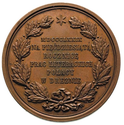 Józef Ignacy Kraszewski, medal autorstwa M. Bardulecka wybity w 1879 r., Aw: Głowa pisarza w prawo i napis dookoła, u dołu sygnatura, Rw: W wieńcu laurowym poziomy napis