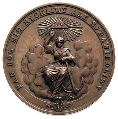 medal autorstwa Juliusza Kossaka wybity z okazji wydarzeń w Krożach w 1893 r., Aw: Kobieta z kotwicą siedząca w chmurach, wyżej Oko Opatrzności i napis w otoku PAN BÓG NIERYCHLIWY ALE SPRAWIEDLIWY
