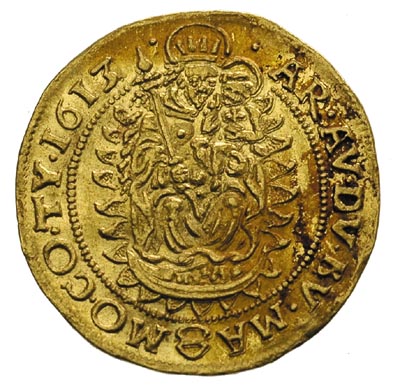Maciej II 1608-1619, dukat 1613 K-B, Krzemnica, złoto 3.46 g., Huszar 1082, Fr. 81, lekko gięty,stara patyna