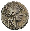 L. Cosconius, L. Licinius Crassus, Cn. Domitius, denar serratus 138 pne, Aw: Głowa Romy i napis L ..
