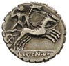 L. Cosconius, L. Licinius Crassus, Cn. Domitius, denar serratus 138 pne, Aw: Głowa Romy i napis L ..
