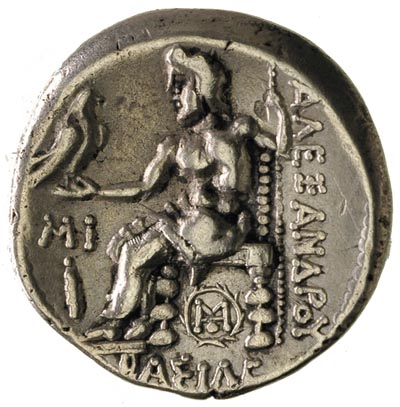 Macedonia,  następcy Aleksandra III, tetradrachma po 317 pne, Babilon, Aw: Głowa Heraklesa w nakryciu głowy z lwiej skóry, Rw: Zeus siedzący na tronie w lewo, z orłem i berłem, srebro 14.08 g, SNG Cop. 838, Price 3761
