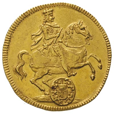 dukat wikariacki 1711, Drezno, Aw: Dwa stoły z insygniami, Rw: Król na koniu, złoto 3.46 g, Merseb 1487, Fr. 2822, moneta z certyfikatem zakupu na aukcji Grünowa w 1915 r, ładna stara patyna