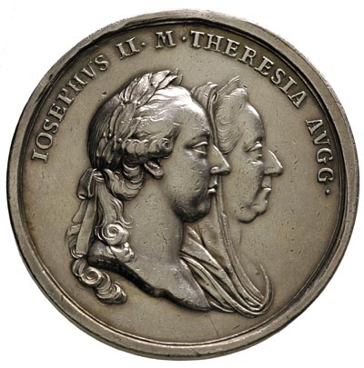 Józef II i Maria Teresa - medal autorstwa  Krafta, hołd  Galicji  1773 r, Aw: Popiersia w prawo i napis w półkolu IOSEPHVS II M THERESIA AVGG, Rw:  Klęcząca Galicja składa hołd Austrii, w półkolu napis ANTIQVA IVRA VINDICATA, Mont.2053, Schaumünze MT. 255, srebro 50 mm, 43.2 g