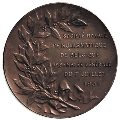 Joachim Lelewel - medal 1901 r, Aw: Głowa w prawo i napis w otoku, Rw: Z lewej gałązka wawrzynu i napis poziomy SOCIETE ROYALE DE NUMIZMATIQUE DE BELGIQUE ASAMBLEE GENERALE DE 7 JUILLET 1901, brąz 33 mm, Strzałkowski 16 RR