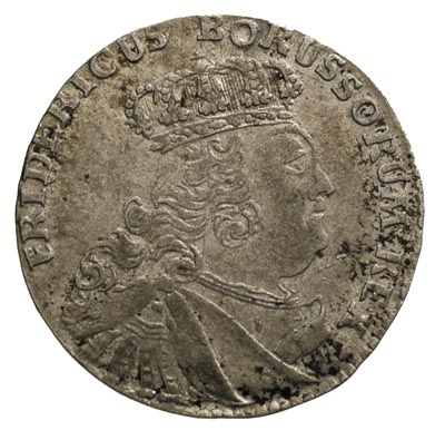 Fryderyk II Wielki 1740-1783, szóstak 1756 E, Królewiec, typ sasko-polski - moneta z portretem króla polskiego Augusta III i pruską tytulaturą, Olding 213, Schrötter 1090, bardzo rzadki w ładnym stanie zachowania