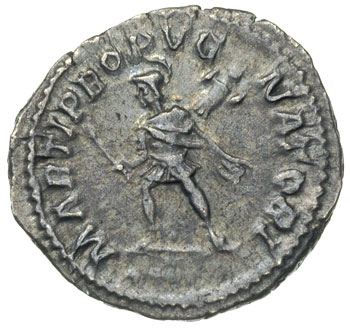 Karakalla 198-217, denar 213-217, Rzym, Aw: Popiersie cesarza w prawo, Rw: Mars z włócznią i trofeum kroczący w lewo, RIC 307 (S), nieco rzadszy typ, patyna