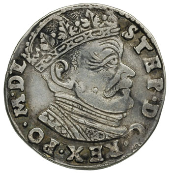 trojak 1585, Wilno, odmiana bez herbu podskarbiego, Iger V.85.1.a (R) - ale popiersie z roku 1584, Ivanauskas 4SB52-22, patyna
