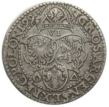 szóstak 1599, Malbork, rzadka odmiana z dużą głową króla, litera L nie zachodzi na koronę króla, patyna