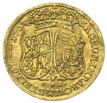 półdukat 1702, Lipsk, Aw: Popiersie króla w prawo i napis wokoło, Rw: Tarcze herbowe i napis wokoło, złoto 1.75 g, H-Cz. 4595, Fr. 2810