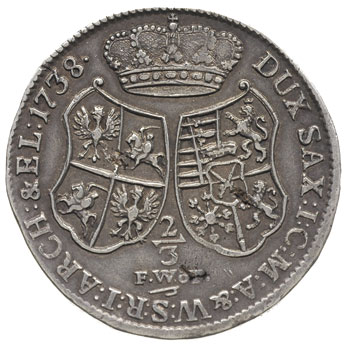 2/3 talara (gulden) 1738, Drezno, Dav. 830, wada blachy na rewersie, patyna