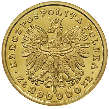 200.000 złotych 1990, Solidarity Mint - USA, Fryderyk Chopin, złoto 31.23 g, Parchimowicz 635, nakład 13 sztuk, ogromna rzadkość w wyśmienitym stanie zachowania