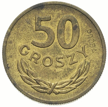 50 groszy 1957, na rewersie wklęsły napis PRÓBA, mosiądz 4.74 g, Parchimowicz P- 210.b, nakład 100 sztuk, rzadkie