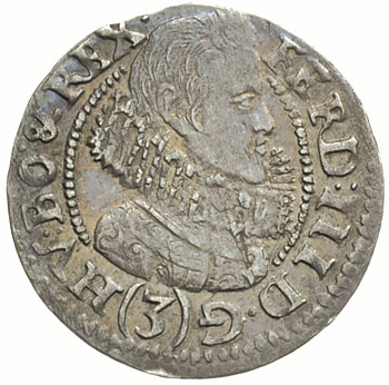 3 krajcary 1628, Kłodzko, duża głowa arcyksięcia i litery PH w ligaturze, FuS 2841, odmienne popiersie