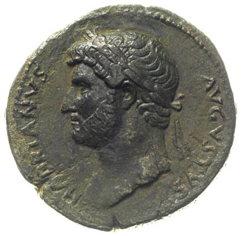 Hadrian 117-138, sestercja, Aw: Popiersie w wieńcu laurowym w lewo, HADRIANVS AVGVSTVS, Rw: Roma siedząca na tronie w lewo, trzymająca Wiktorię i róg obfitości, obok tronu tarcza, COS III / SC, brąz 21.57 g, RIC - (636 ale inny typ popiersia), bardzo ładna zielona patyna