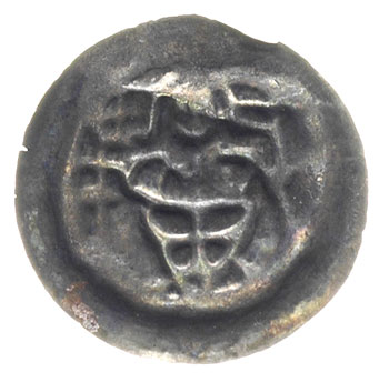brakteat ok. 1247-1258, Rycerz z proporcem, wsparty na krzyżu, z lewej podwójny krzyż, 0.20 g, BRP Prusy T2.10, rzadki