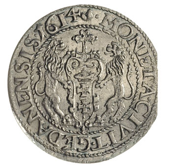 ort 1614, Gdańsk, odmiana z dużymi cyframi 1 i 4 w dacie i kropka za łapą niedźwiedzia, moneta wybita z końca blachy, piękny egzemplarz