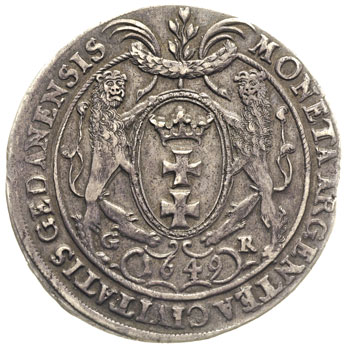 talar 1649, Gdańsk, odmiana z małą głową króla, 28.36 g Dav. 4358, T. 7, drobna wada blachy, ciemna patyna