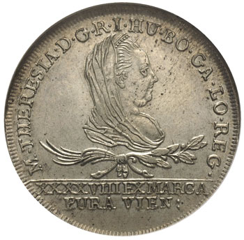 30 krajcarów 1775, Wiedeń, Plage 8, moneta w pudełku GCN - MS 60, piękne