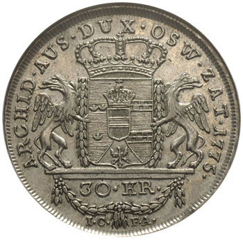 30 krajcarów 1775, Wiedeń, Plage 8, moneta w pudełku GCN - MS 60, piękne