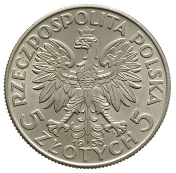 5 złotych 1933, Warszawa, Głowa kobiety, Parchimowicz 116.c, piękne
