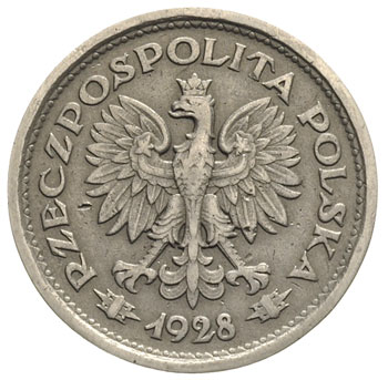 1 złoty 1928, nominał w wieńcu bez napisu PRÓBA, nikiel 6.83 g, Parchimowicz P-126.a, nakład 35 sztuk, rzadkie
