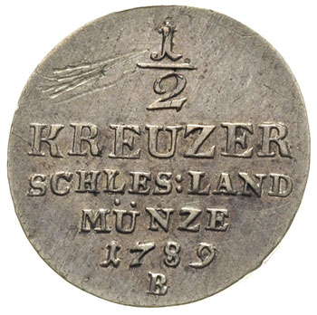 odbitka w srebrze 1/2 krajcara 1789, Wrocław, 2.77 g, FuS 1275, Schr. 161, rysy w tle, bardzo rzadka i ładna moneta