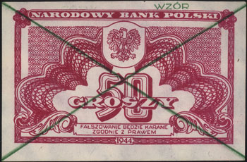 50 groszy 1944, bez oznaczenia serii, zielony nadruk WZÓR, Miłczak 104a, piękne