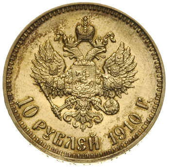 10 rubli 1910 (З.Б), Petersburg, złoto 8.59 g, Kazakov 376, rzadki rocznik, piękne, patyna