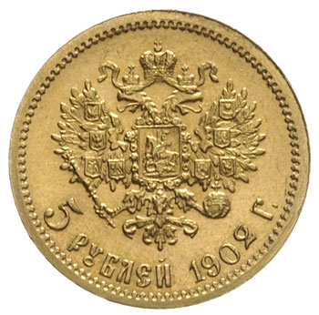 5 rubli 1902 AP, Petersburg, złoto 4.29 g, Kazakov 252, wyśmienite, patyna