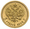 5 rubli 1904 AP, Petersburg, złoto 4.29 g, Kazakov 282, piękne, patyna