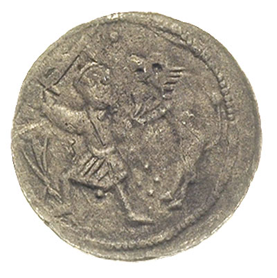 denar, Aw: Książę z mieczem na tronie, obok giermek, wokoło napis, Rw: Rycerz walczący z lwem, srebro 0.58 g, Str. 40, Such. XVI, patyna