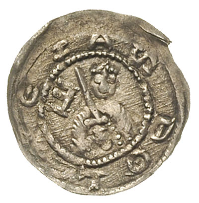 denar, Aw: Popiersie księcia z mieczem z lewej odwrócone E, w otoku napis: BOLEZAS, Rw: Trzej książęta za stołem, Str. 58 (ale brak tej odmiany), Such. XXI, srebro 0.36 g