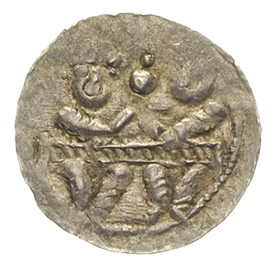denar, Aw: Dwaj książęta za stołem, Rw: Rycerz z proporcem i tarczą, w polu litera E, srebro 0.52 g, Str. 59, Such. XIX/2