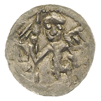 denar, Aw: Dwaj książęta za stołem, Rw: Rycerz z proporcem i tarczą, w polu litera E, srebro 0.52 g, Str. 59, Such. XIX/2