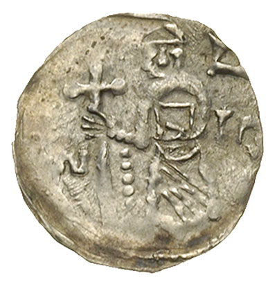 denar ok. 1173-1190, Aw: Biskup z krzyżem, obok litery VS, Rw: Rycerz walczący z lwem, srebro 0.27 g, Str. 46, Such. 2, nieznana, odmienna sutanna biskupa