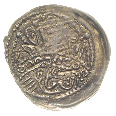 denar ok. 1254, Aw: Św. Stanisław za stołem międ