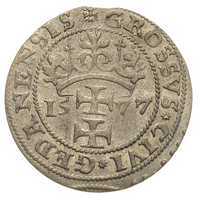 grosz oblężniczy 1577, Gdańsk, moneta \bez kawki\" wybita w czasie gdy zarządcą mennicy był K. Goebl