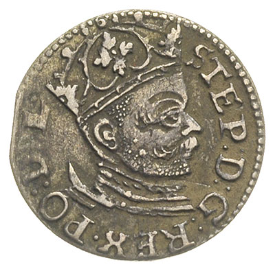 trojak 1585, Ryga, odmiana z małą głową króla, Iger R.85.1.l (R), Gerbaszewski 43, ciemna patyna