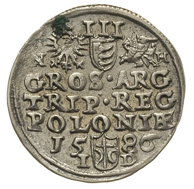 trojak 1586, Olkusz, odmiana z literami N-H, brak krzyża na koronie królewskiej Iger O.86.1.a (R), bardzo ładny
