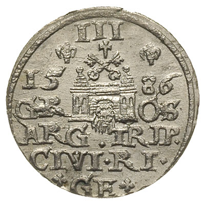 trojak 1586, Ryga, odmiana z małą głową króla, Iger R.86.2.d (R), Gerbaszewski 2, moneta z 21 aukcji WCN, piękny egzemplarz