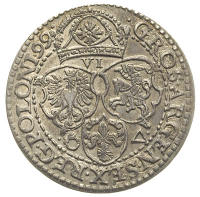 szóstak 1599, Malbork, rzadsza odmiana z dużą głową króla, bardzo ładny egzemplarz, patyna